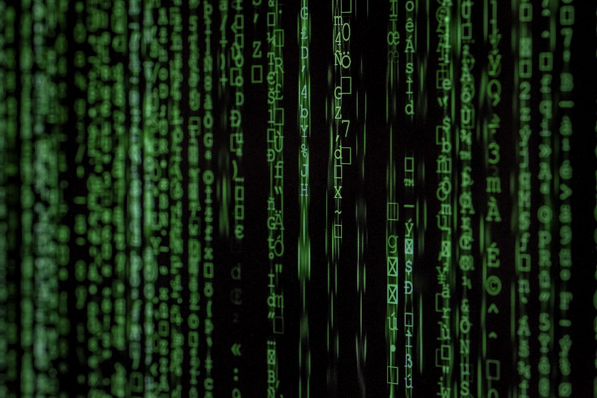Streams of characters falling down a dark screen