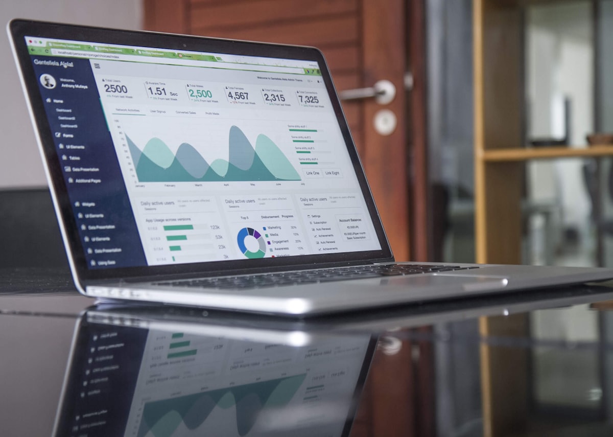 A laptop displaying a dashboard of charts and activity metrics